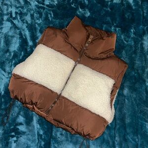 Brown and crème puffer cropped jacket